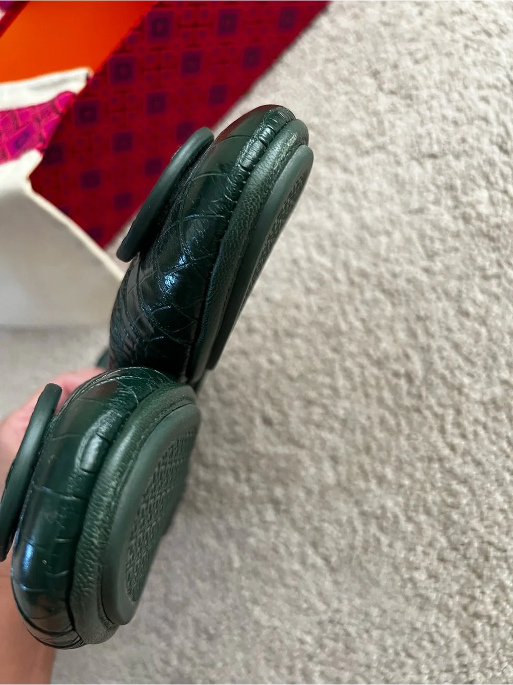 Tory Burch Green Croc-Embossed Minnie Travel Ballet Flats